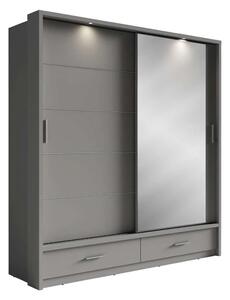 Šatníková skriňa s posuvnými dverami a osvetlením TESSA šedá + zrkadlo 200 x 215 x 63 cm