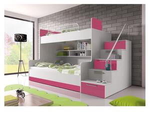 Detská poschodová posteľ 90x200 GORT - biela / ružová, pravé prevedenie