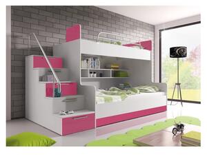 Detská poschodová posteľ 90x200 GORT - biela / ružová, ľavé prevedenie