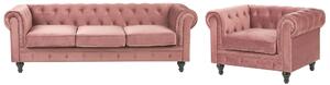 Sedacia súprava chesterfield ružová zamatová čalúnená čierne nohy 3-miestna pohovka s kreslom moderná