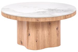 Konferenčný stolík svetlohnedý MDF keramická vrchná doska s efektom travertínu podnož mid-century modern štýl obývačka