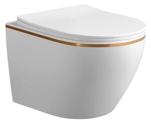 BPS-koupelny Závesná WC misa so SoftClose sedadlom MIZU WH GL RIM 03, biela/zlatý prúžok