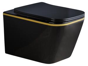 BPS-koupelny Závesná WC misa so SoftClose sedadlom RAIN BL GL RIM 03, čierna lesk/zlatý prúžok