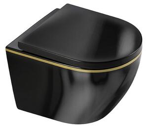 BPS-koupelny Závesná WC misa so SoftClose sedadlom MIZU BL GL RIM 02, čierny lesk/zlatý prúžok