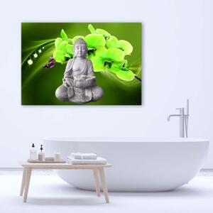 Obraz na plátně Sedící Buddha Zelený květ - 60x40 cm
