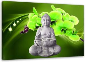 Obraz na plátně DECOR Sedící Buddha Zelený květ - 120x80 cm