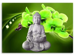 Obraz na plátně DECOR Sedící Buddha Zelený květ - 100x70 cm