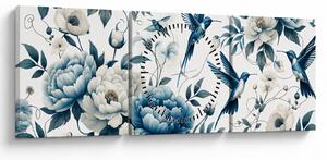 Obraz - Kolibríky s kvetmi (s hodinami) (90x30 cm)