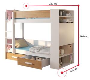 Detská poschodová posteľ GARNETA + 2x matrac, 90x200, biela/dub artisan