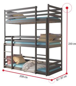 Detská poschodová posteľ TEDROS + 3x matrac, 80x180, sivá