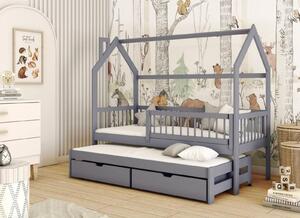 Detská domčeková posteľ s prístelkou a šuplíky PIPER - 200x90 cm - šedá