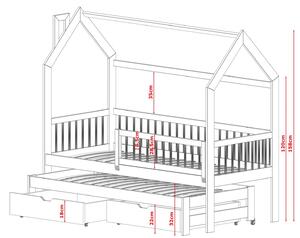 Detská domčeková posteľ s prístelkou a šuplíky PIPER - 200x90 cm - prírodná borovica