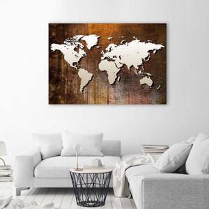 Obraz na plátně Mapa světa Kovová hnědá - 90x60 cm