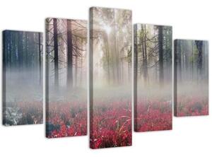 Obraz na plátně pětidílný Fog Forest Glade Květiny - 150x100 cm