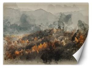 Fototapeta, Podzimní les zahalený v mlze - akvarelová abstrakce - 400x280 cm