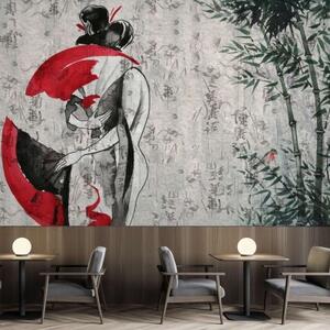Fototapeta, Japonská gejša s vějířem Abstraktní - 368x254 cm