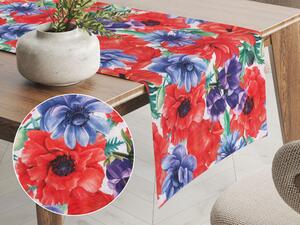 Biante Dekoračný behúň na stôl Leona LN-094 Veľké červené a fialové kvety na bielom 20x140 cm