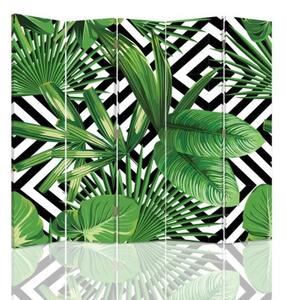 Ozdobný paraván Geometrické listy palmy zelené - 180x170 cm, päťdielny, klasický paraván