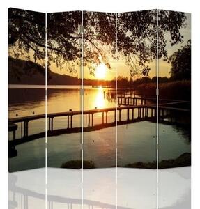 Ozdobný paraván Platforma Sunset Lake - 180x170 cm, päťdielny, klasický paraván