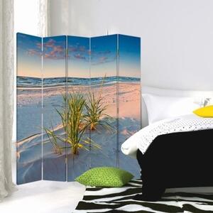 Ozdobný paraván, Fialové světlo nad pláží - 180x170 cm, päťdielny, klasický paraván