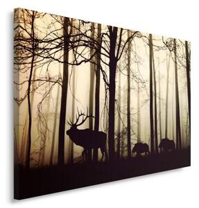 Obraz na plátně, Jelen v lese Fog Brown - 120x80 cm