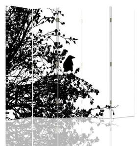 Ozdobný paraván Černobílý pták - 180x170 cm, päťdielny, klasický paraván