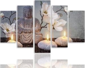 Obraz na plátně pětidílný Buddha Grey Flowers Stone - 100x70 cm