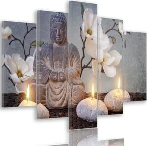 Obraz na plátně pětidílný Buddha Grey Flowers Stone - 100x70 cm