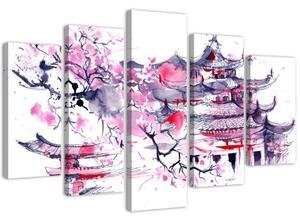 Obraz na plátně pětidílný Japonsko růžová krajina - 150x100 cm