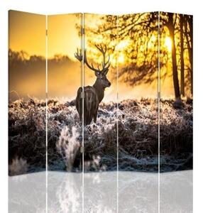 Ozdobný paraván Jelen Západ slunce Příroda - 180x170 cm, päťdielny, klasický paraván