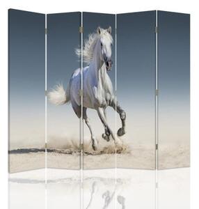 Ozdobný paraván Bílý cválající kůň - 180x170 cm, päťdielny, klasický paraván