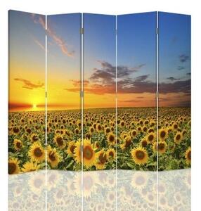 Ozdobný paraván, Krajina se slunečnicemi - 180x170 cm, päťdielny, klasický paraván