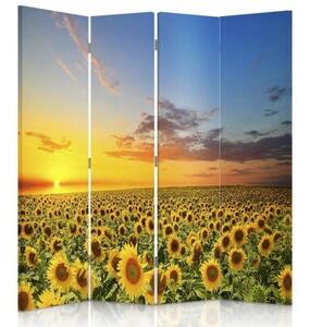 Ozdobný paraván, Krajina se slunečnicemi - 145x170 cm, štvordielny, klasický paraván