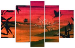 Obraz na plátně pětidílný Japonská červená krajina - 100x70 cm