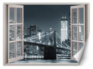 Fototapeta, Okno s pohledem na New York Brooklynský most černá bílá - 140x100 cm