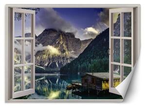 Fototapeta, Okno s pohledem na jezero v horách příroda - 280x200 cm