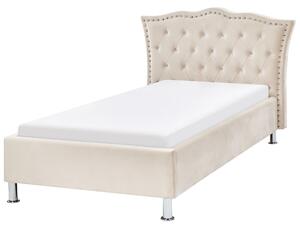 Posteľ béžová zamatové čalúnenie 90 x 200 cm prešívané čelo s gombíkmi moderný glamour štýl spálňa
