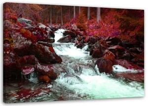 Obraz na plátně Horský potoční les červený - 60x40 cm