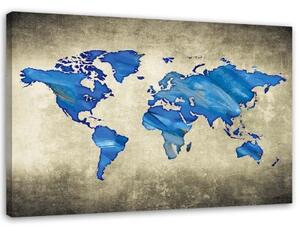 Obraz na plátně, Mapa světa modrá - 90x60 cm
