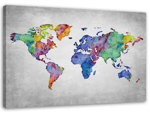 Obraz na plátně, Barevná světová mapa - 120x80 cm