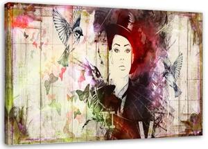 Obraz na plátně Abstraktní žena klobouk ptáci - 120x80 cm