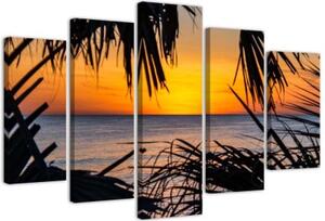 Obraz na plátně pětidílný Západ slunce s mořskou palmou - 100x70 cm