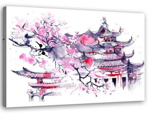 Obraz na plátně Japonský dům akvarel lila - 60x40 cm