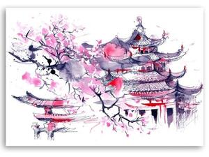 Obraz na plátně Japonský dům akvarel lila - 100x70 cm