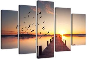 Obraz na plátně pětidílný Lávka Ptáci Západ slunce - 150x100 cm