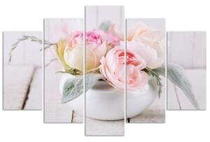 Obraz na plátně pětidílný Růže Váza Přírodní květiny - 100x70 cm