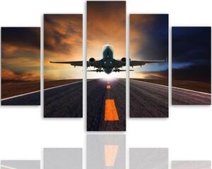 Obraz na plátně pětidílný Letadlo při západu slunce - 100x70 cm