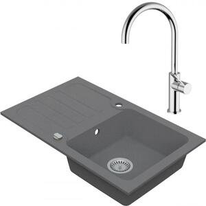 Drezový set Teorema 2/C - Granitový drez s odkvapkávacou plochou 780x480x165 mm, sivá + Drezová batéria Teorema