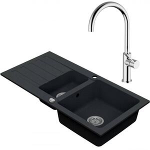 Drezový set Teorema 3/O - Granitový drez 960x480x183 mm 1,5-sektora s odkvapkávacou plochou, tmavý grafit matný + Drezová batéria Teorema