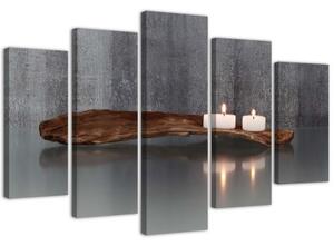 Obraz na plátně pětidílný Dřevěná svíčka Zen Spa - 100x70 cm